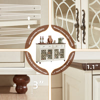 White sideboard buffet cabinet showing adjustable shelves and paneled glass doors