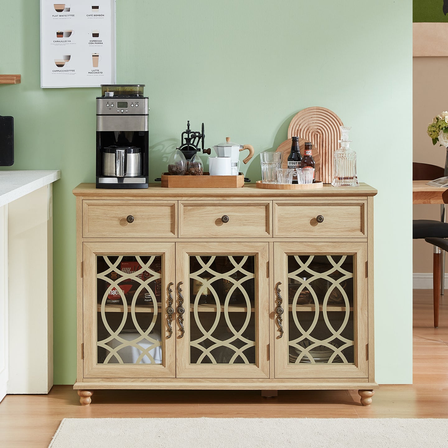 Natural wood sideboard buffet cabinet with three drawers and glass-panel cabinet doors