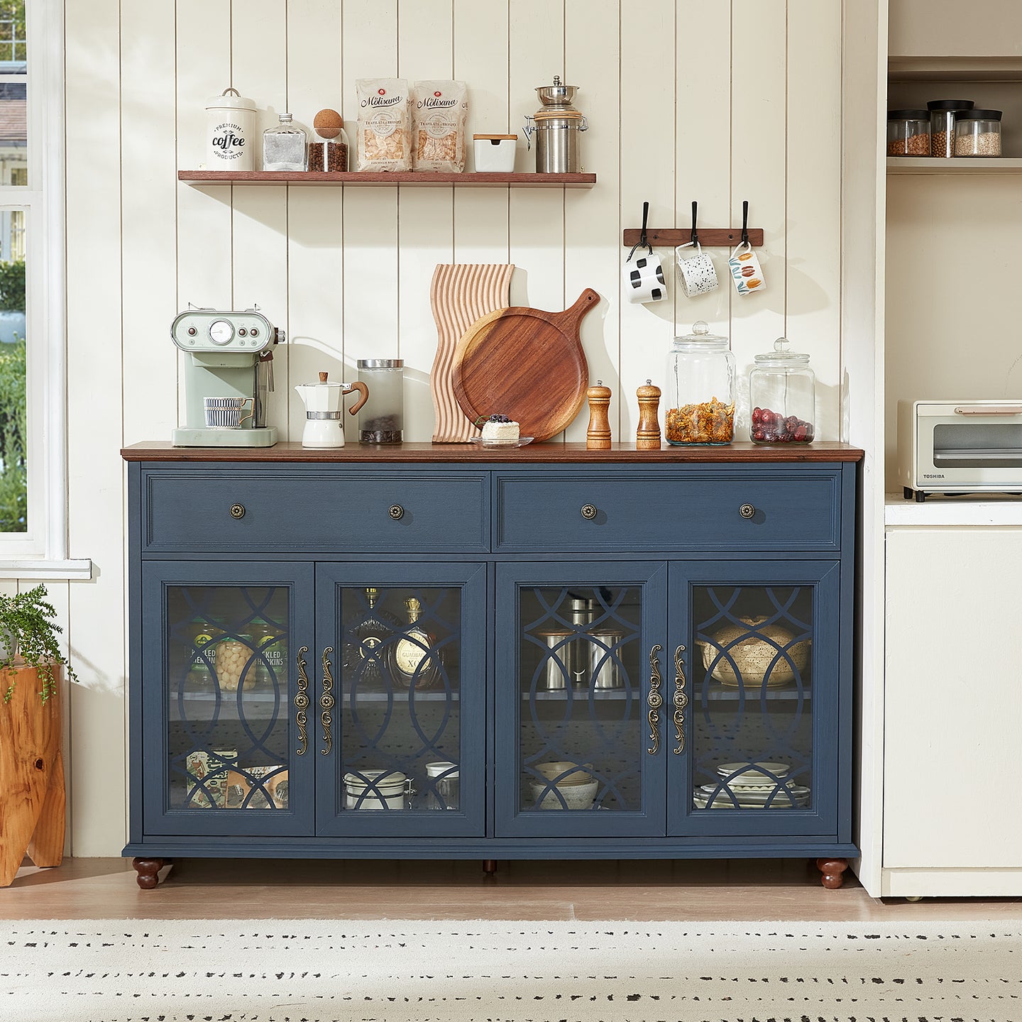 Blue farmhouse sideboard buffet cabinet with drawers and glass-panel doors