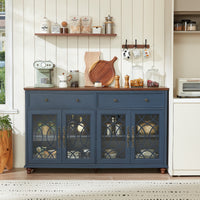 Blue farmhouse sideboard buffet cabinet with drawers and glass-panel doors