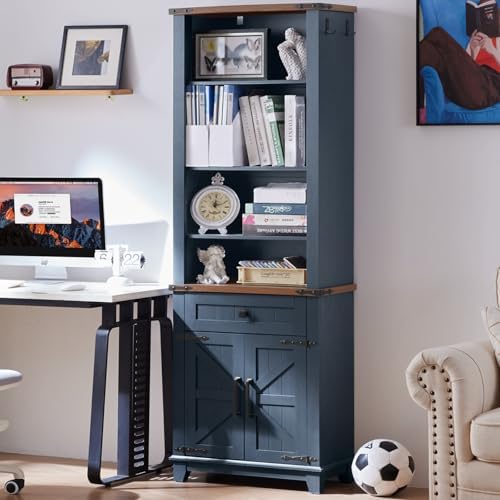 Navy blue bookcase with open shelves and barn-door cabinet with X-pattern mesh panels