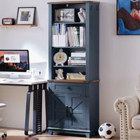 Navy blue bookcase with open shelves and barn-door cabinet with X-pattern mesh panels