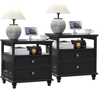 Black farmhouse nightstand cabinet pair with 3 drawers and front brass knobs