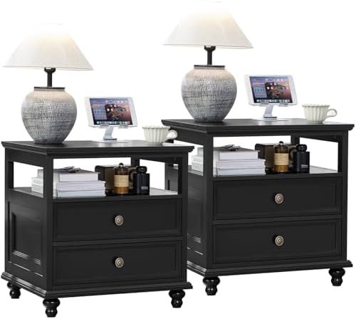 Black farmhouse nightstand cabinet pair with 3 drawers and front brass knobs