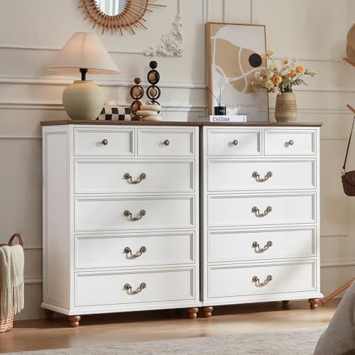 Farmhouse 6-drawer nightstand cabinet with metal knobs and bun feet, white finish