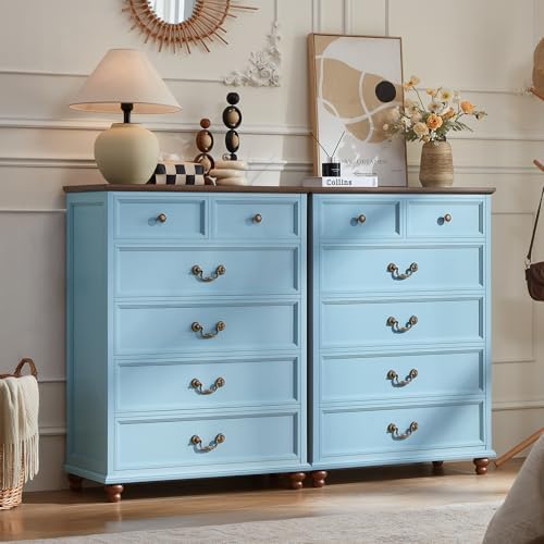 Light blue farmhouse nightstand set, three-drawer chests with brass-tone knobs and feet