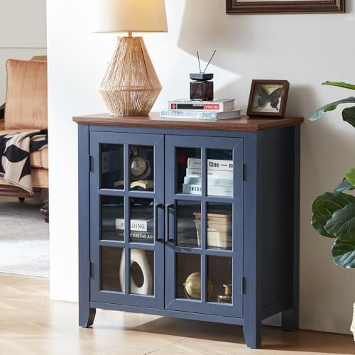 Blue sideboard cabinet with four glass doors, flat top and wooden feet