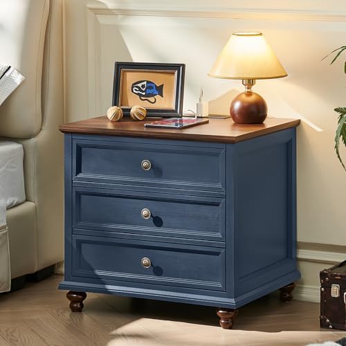 Farmhouse nightstand with 3 drawers and brown top, dark blue finish, charging station front