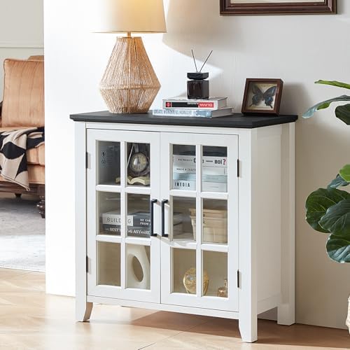 White sideboard cabinet with 4 glass doors and dark metal door pulls