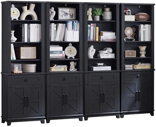 Navy blue 5-tier bookcase with barn-style doors and adjustable open shelves