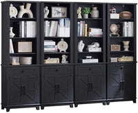 Navy blue 5-tier bookcase with barn-style doors and adjustable open shelves
