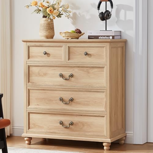 Farmhouse 3-drawer nightstand cabinet with metal knobs and bun feet, natural wood finish