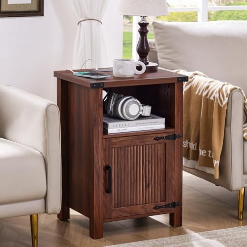 Brown wooden nightstand with charging station, open shelf, cabinet door