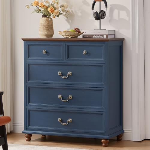 Farmhouse 3-drawer nightstand cabinet with round metal knobs and bun feet, blue finish