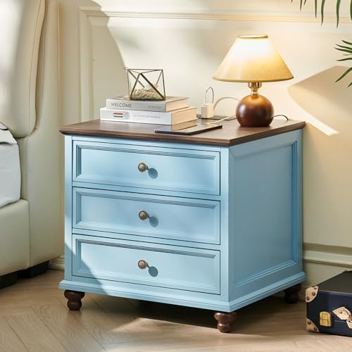 Light blue farmhouse nightstand cabinet with 3 drawers and round brass knobs