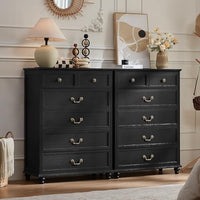 Farmhouse 6-drawer nightstand cabinet with brass-tone pulls and bun feet, dark finish