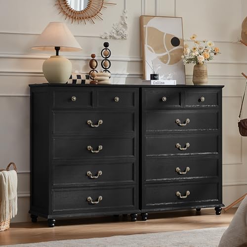 Farmhouse 6-drawer nightstand cabinet with brass-tone pulls and bun feet, dark finish
