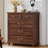Farmhouse nightstand cabinet with 3 drawers in dark brown wood and round metal knobs