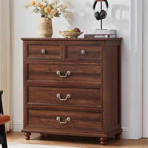 Farmhouse nightstand cabinet with 3 drawers in dark brown wood and round metal knobs