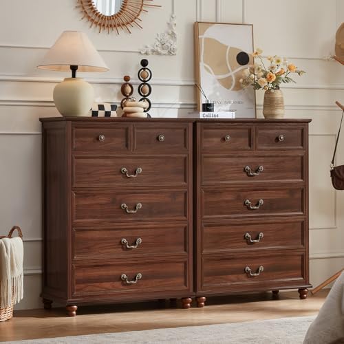 Medium brown farmhouse nightstand cabinet pair with 6 drawers and metal handles