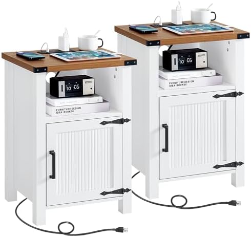 White nightstands with charging station, open shelf, cabinet doors and cords