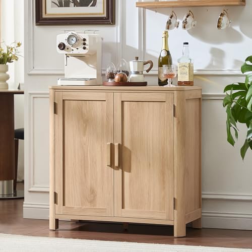 Light wood sideboard buffet cabinet with three doors and bar pull handles