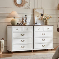 White farmhouse nightstand set, three-drawer chests with brass-tone knobs and turned feet