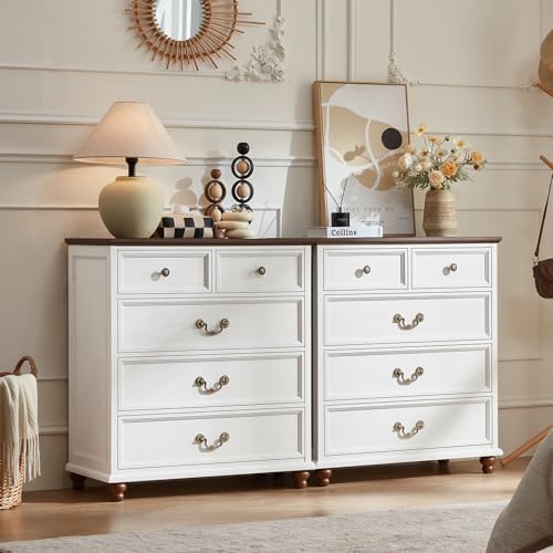 White farmhouse nightstand set, three-drawer chests with brass-tone knobs and turned feet
