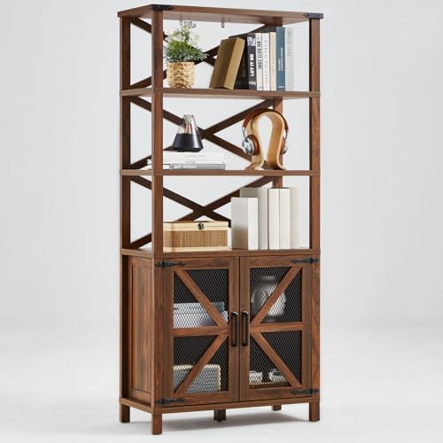 Brown wood 5-tier bookcase with open shelves and two barn doors with mesh panels