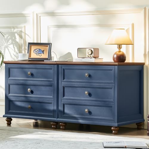 Farmhouse nightstand with charging station, blue finish, multiple drawers and open center