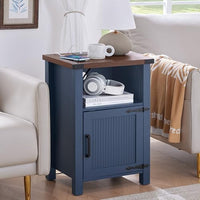 Navy nightstand with charging station, open shelf, cabinet doors