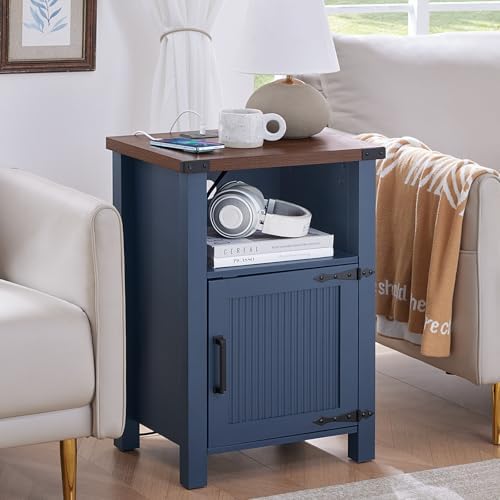 Navy nightstand with charging station, open shelf, cabinet doors