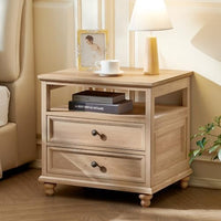Light wood nightstand with two drawers and open side storage, knob pulls