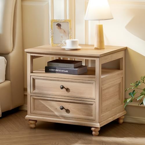 Light wood nightstand with two drawers and open side storage, knob pulls