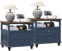 Farmhouse nightstand set of 2 in blue with drawers and open shelving compartments