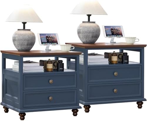 Farmhouse nightstand set of 2 in blue with drawers and open shelving compartments