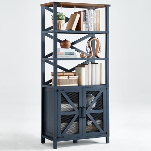 5-tier slim bookcase with navy frame, open shelves, and mesh barn-style door cabinet