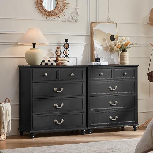 Dark gray farmhouse nightstand set, three-drawer chests with brass-tone knobs and feet