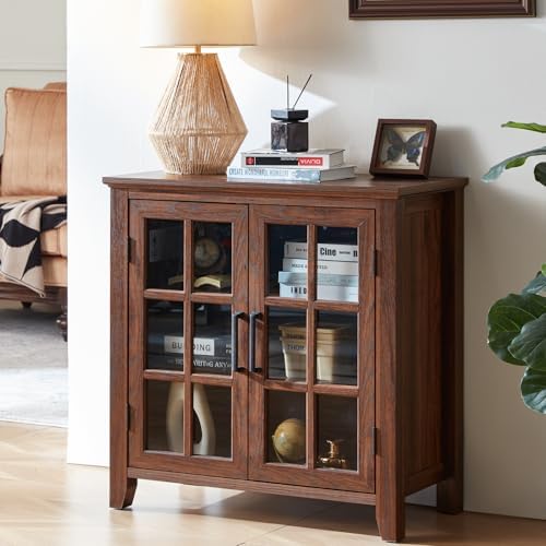 Brown wood sideboard cabinet with 4 glass doors and shaker-style panel detailing