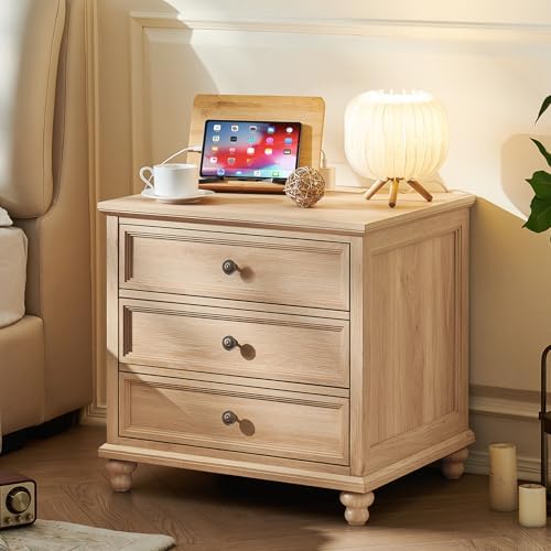 Farmhouse nightstand with 3 drawers, light wood finish and brown tabletop