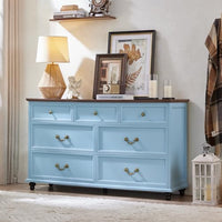 Light blue farmhouse nightstand set, three-drawer chest with brass-tone knobs and feet