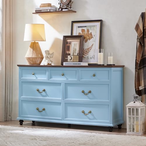 Light blue farmhouse nightstand set, three-drawer chest with brass-tone knobs and feet