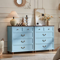Light blue farmhouse nightstand set, three-drawer chests with brass-tone knobs and turned feet