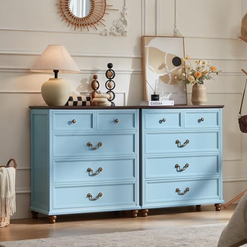 Light blue farmhouse nightstand set, three-drawer chests with brass-tone knobs and turned feet