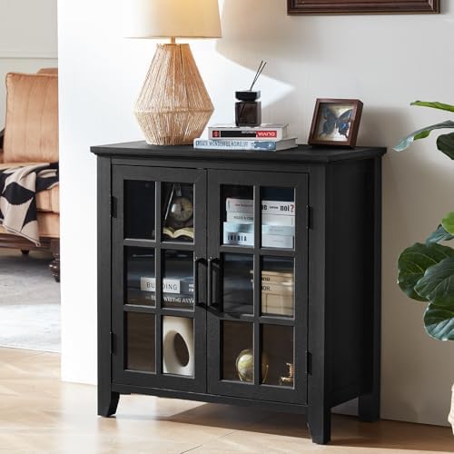 Navy sideboard cabinet with four glass doors and wooden legs