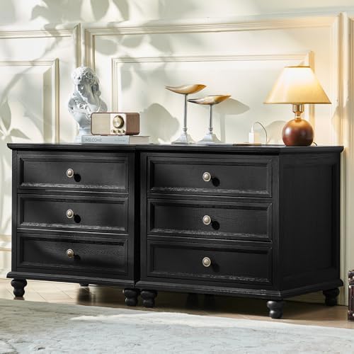 Farmhouse 6-drawer nightstand cabinet with round metal knobs and bun feet, black finish