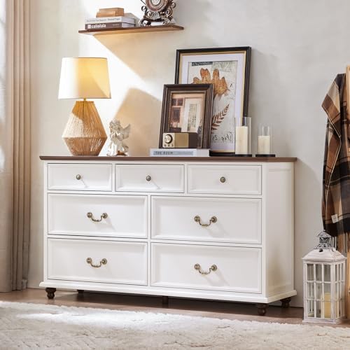 Farmhouse nightstand with multiple drawers, white finish and brass-toned pulls