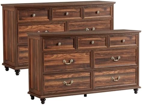 Dark brown farmhouse nightstand cabinet with multiple drawers and metal knob pulls