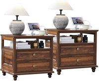Brown nightstand pair with open shelf and three drawers, round knob pulls