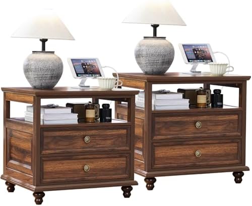 Brown nightstand pair with open shelf and three drawers, round knob pulls